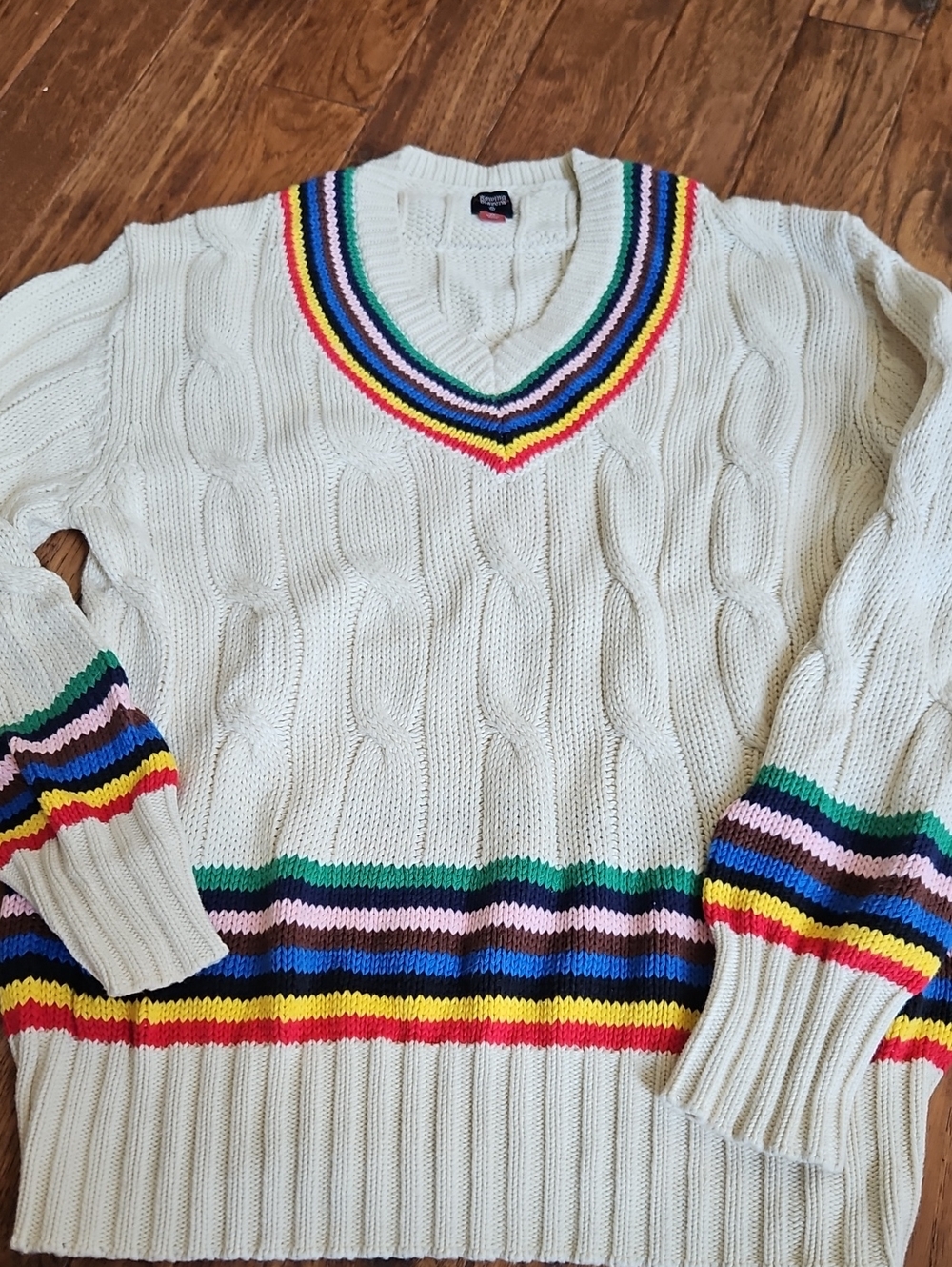 Rowing Blazers Cream V-Neck Cable Knit Sweater with Rainbow Stripe Trim